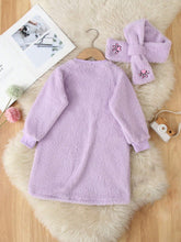 1pc Purple Cat Embroidered Casual Dress For Little Girls, Soft Fleece Warm Outfit